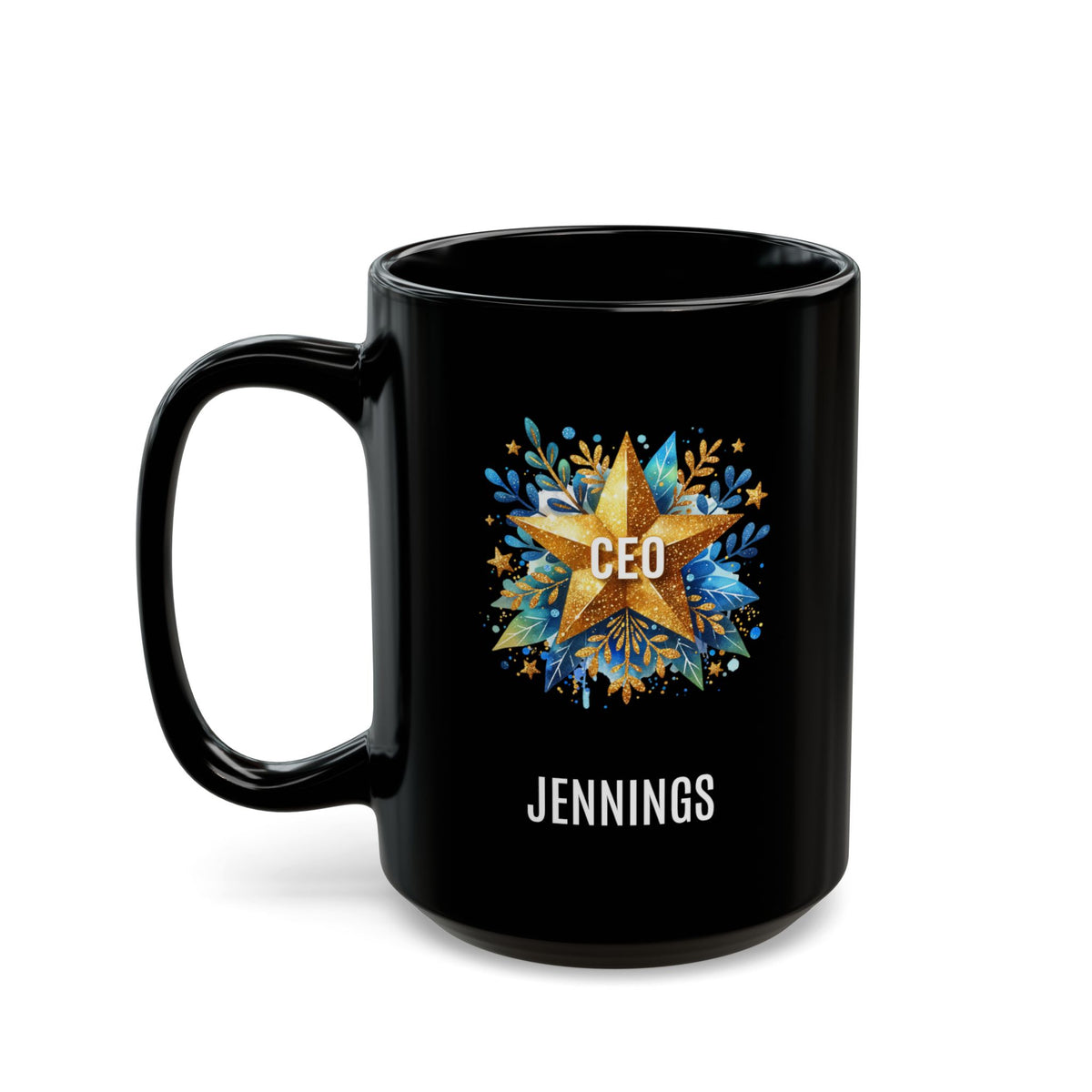 A black 15oz ceramic mug with a custom printed design featuring a gold star, blue floral accents, the text 'CEO' in the center, and personalized name 'JENNINGS' printed below in white. Left handle view. The mug is shown on a plain white background.