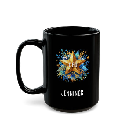 A black 15oz ceramic mug with a custom printed design featuring a gold star, blue floral accents, the text 'CEO' in the center, and personalized name 'JENNINGS' printed below in white. Left handle view. The mug is shown on a plain white background.