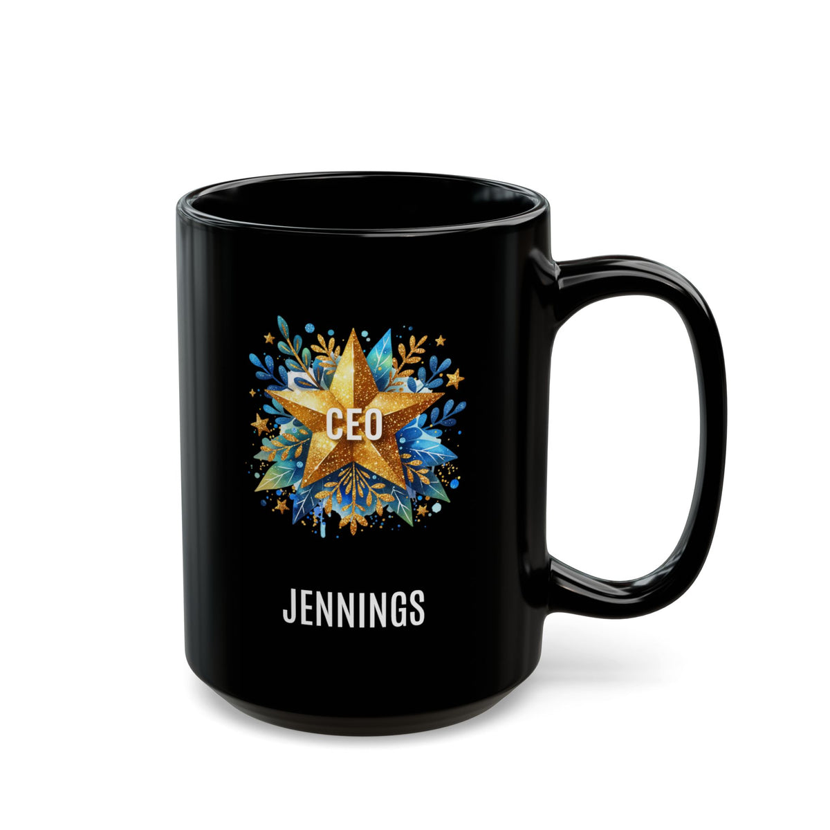 A black 15oz ceramic mug with a custom printed design featuring a gold star, blue floral accents, the text 'CEO' in the center, and personalized name 'JENNINGS' printed below in white. Right handle view. The mug is shown on a plain white background.