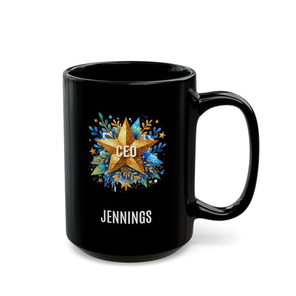A black 15oz ceramic mug with a custom printed design featuring a gold star, blue floral accents, the text 'CEO' in the center, and personalized name 'JENNINGS' printed below in white. Right handle view. The mug is shown on a plain white background.