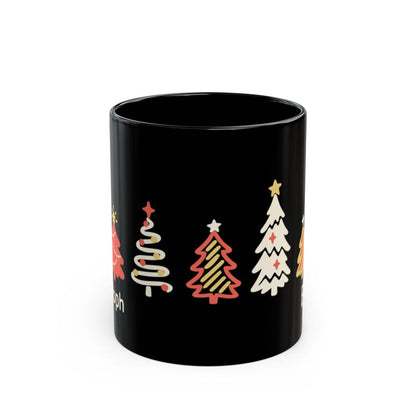 A black ceramic 11oz mug featuring a retro pattern of seven stylized Christmas trees around the mug in red, yellow, and white, shown against a plain white background. Handle not visible.