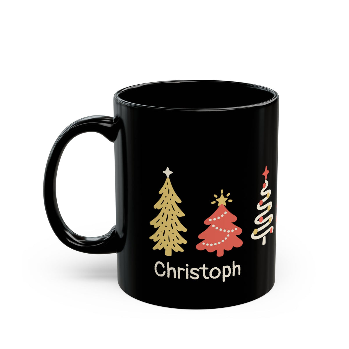 A black ceramic 11oz mug with a handle, decorated with seven stylized Christmas trees around the mug in gold, red, and white, and the name 'Sandra' printed in white below them, on a plain white background. Left handle view.