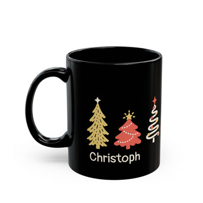A black ceramic 11oz mug with a handle, decorated with seven stylized Christmas trees around the mug in gold, red, and white, and the name 'Sandra' printed in white below them, on a plain white background. Left handle view.