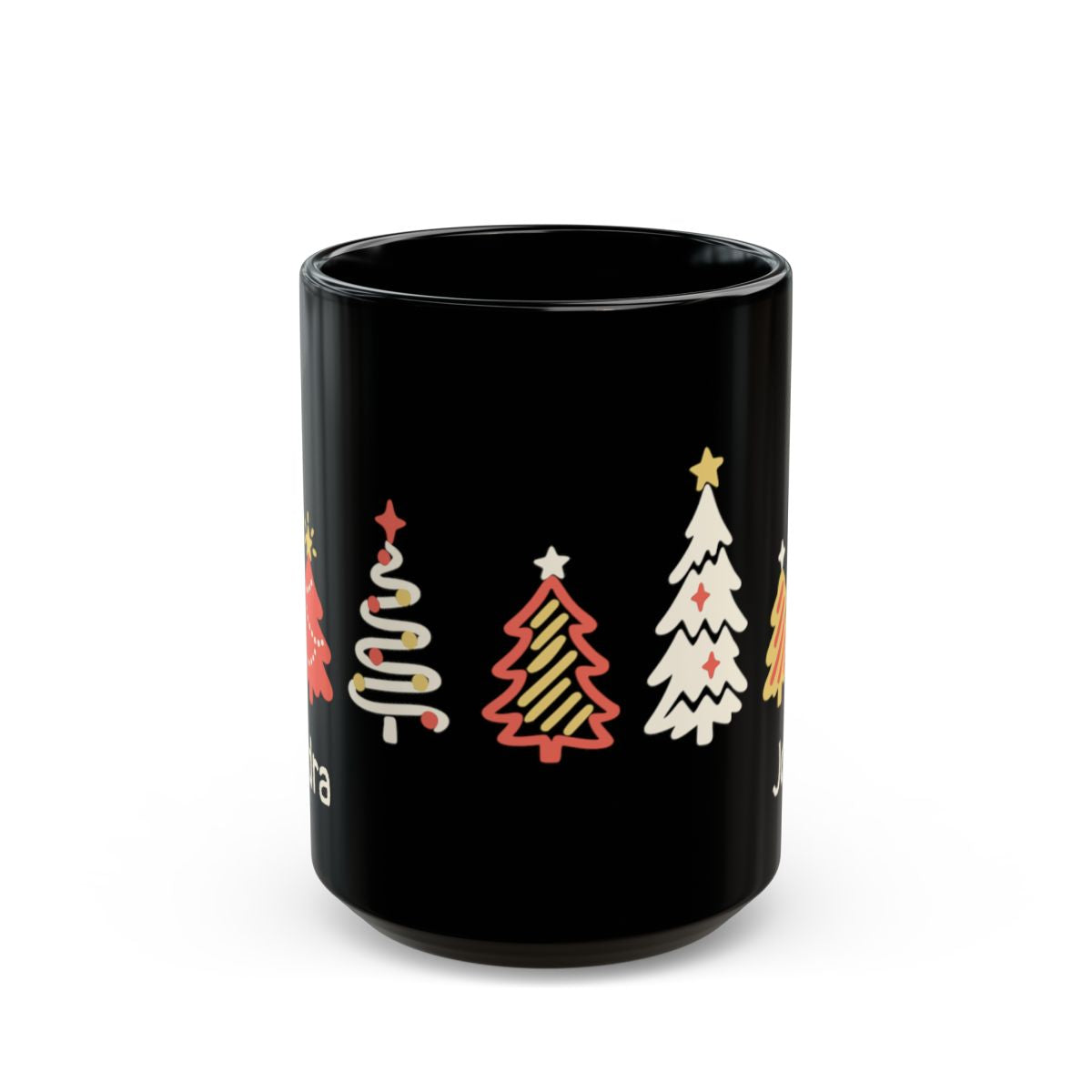 A black ceramic 15oz mug featuring a retro pattern of seven stylized Christmas trees around the mug in red, yellow, and white, shown against a plain white background. Handle not visible.