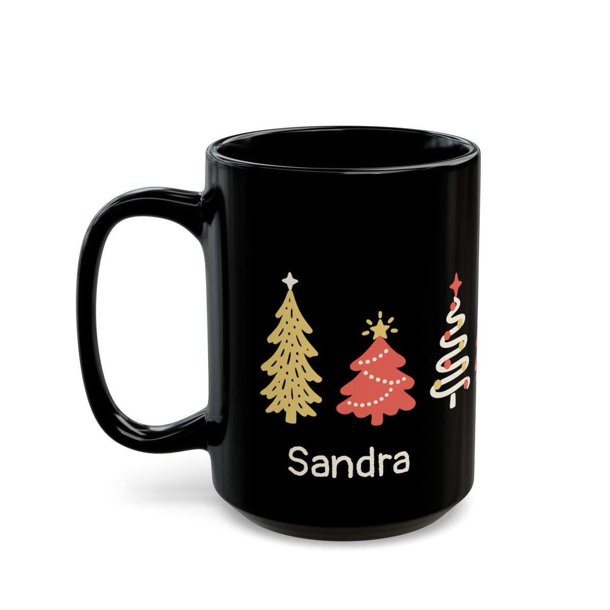 A black ceramic 15oz mug with a handle, decorated with seven stylized Christmas trees around the mug in gold, red, and white, and the name 'Sandra' printed in white below them, on a plain white background. Left handle view.