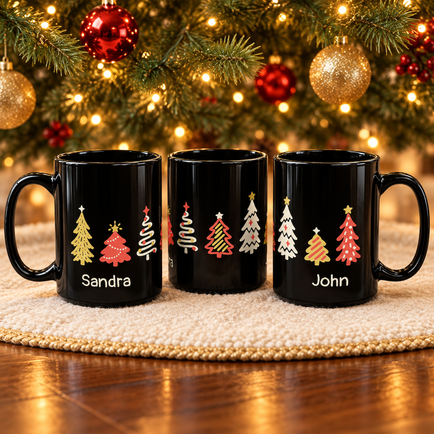 Three black ceramic mugs with personalized names, 'Sandra' and 'John', and colorful Christmas tree designs around the mugs, displayed on a textured cream placemat in front of a glowing Christmas tree.