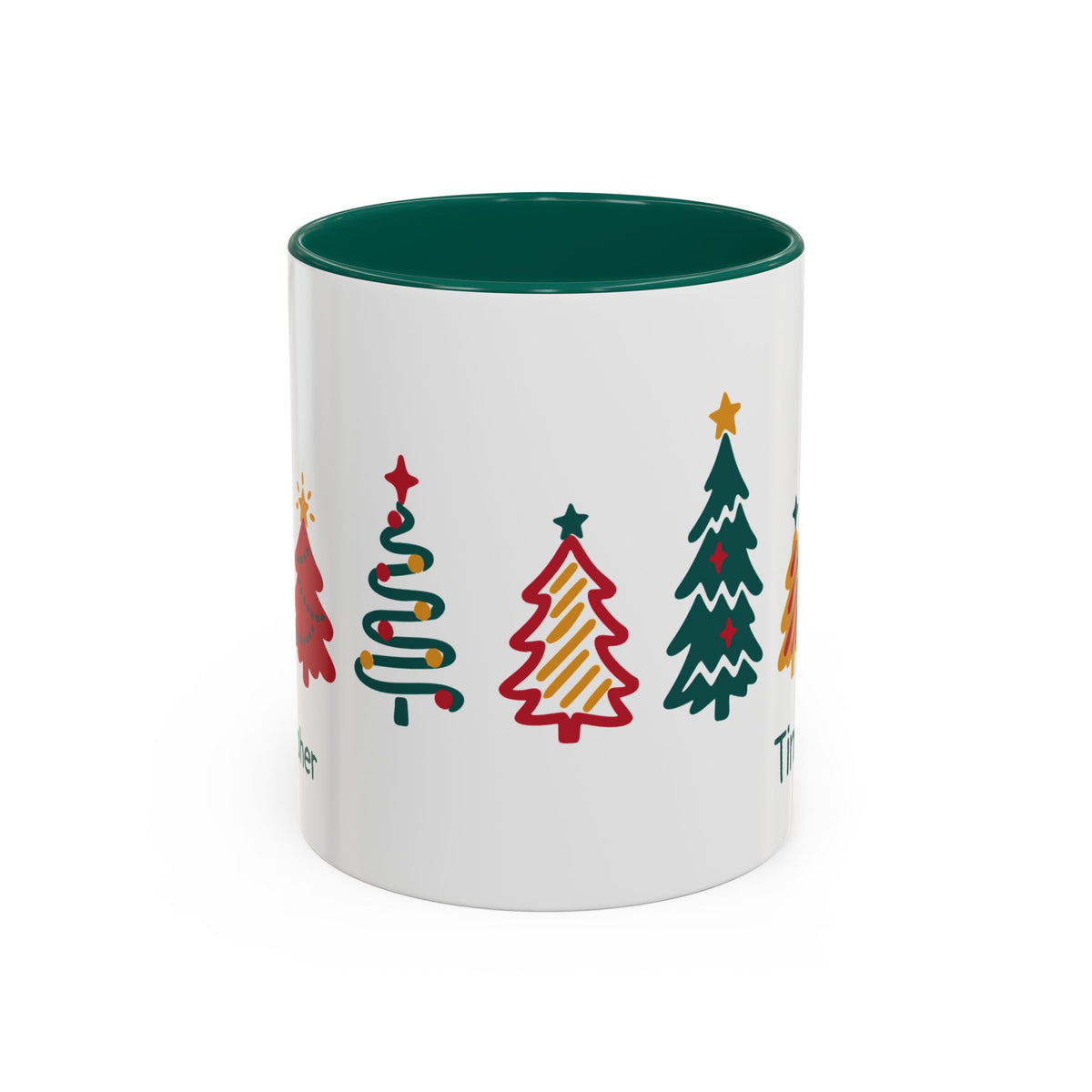 A white ceramic 11oz mug with a dark green interior, decorated with colorful Christmas tree illustrations around the mug. Handle not visible.