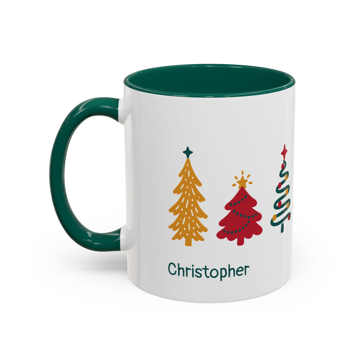 A white ceramic 11oz mug with a dark green handle and interior, featuring seven colorful Christmas tree illustrations and the name 'Christopher' printed below. Left handle view.