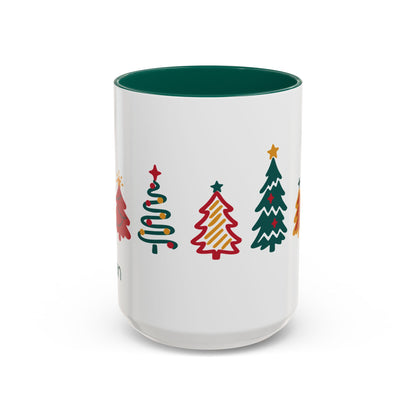 A white ceramic 15oz mug with a dark green interior and colorful Christmas trees around the mug, shown against a plain white background. Handle not visible.