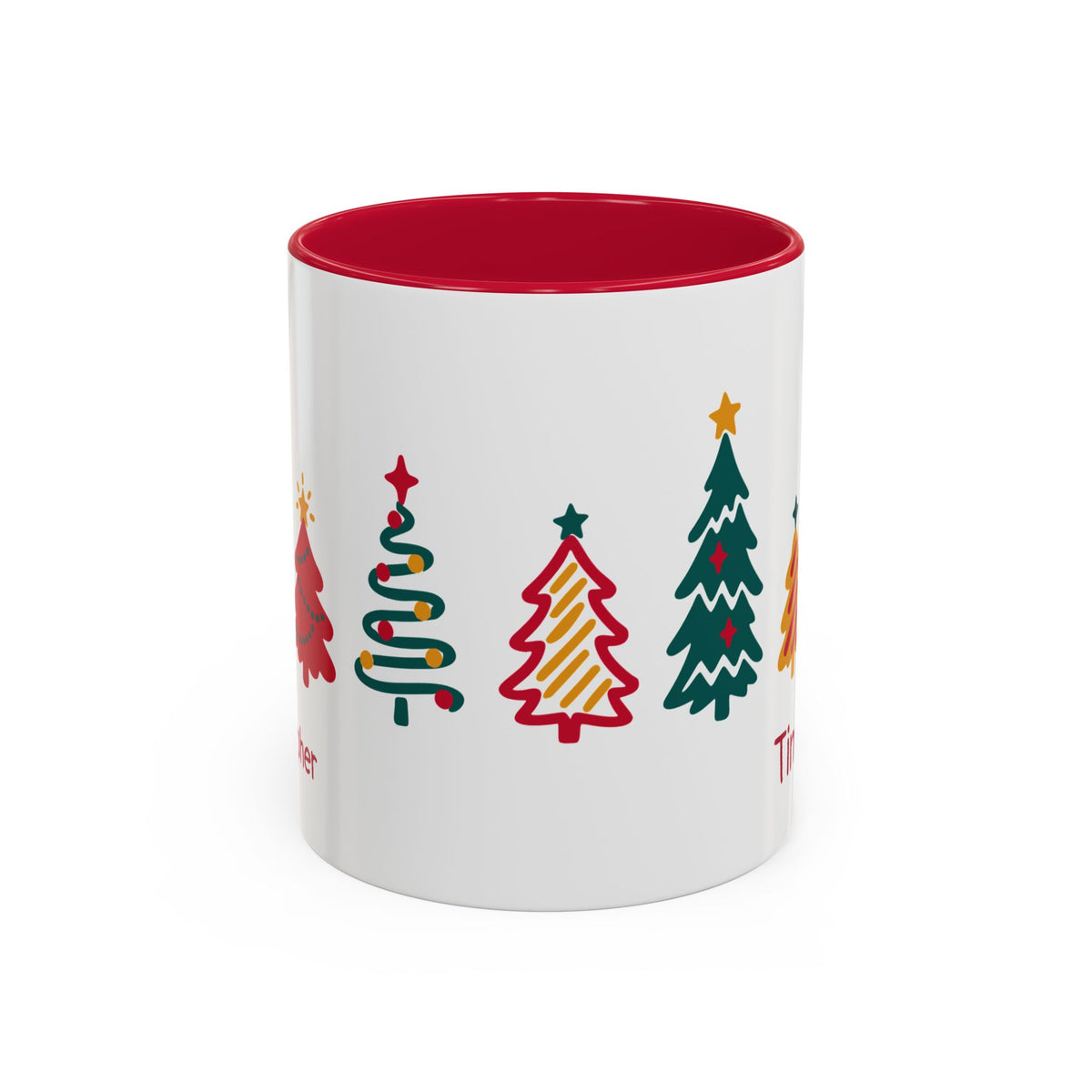A white ceramic 11oz mug with a red interior and red handle, decorated with seven colorful Christmas tree illustrations around the mug. Handle not visible.
