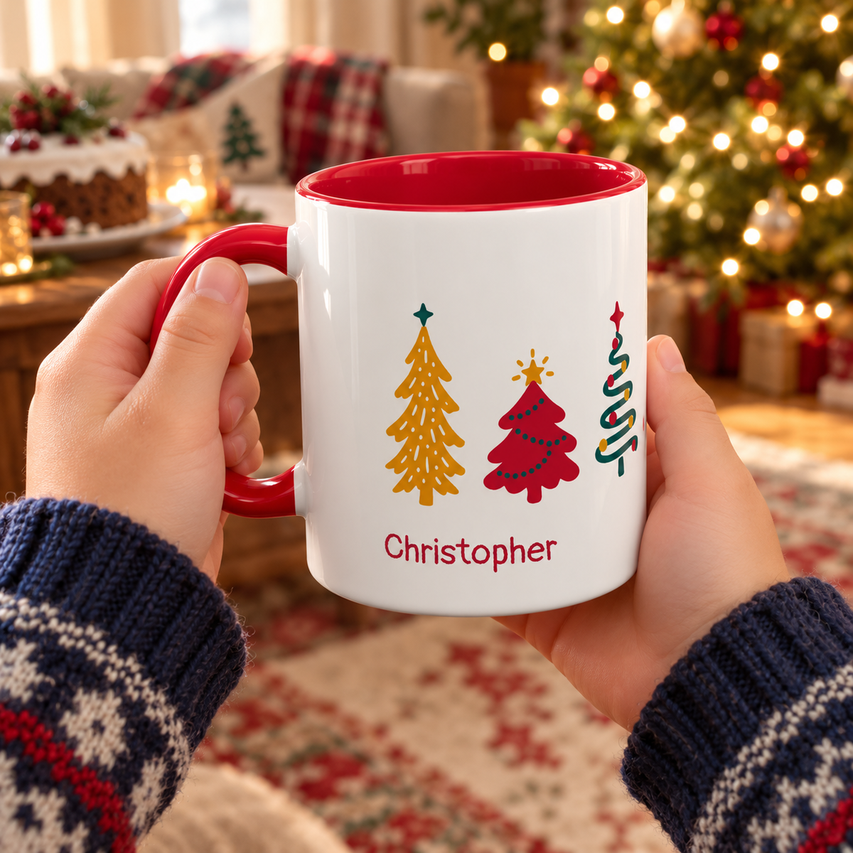 A boy holds a white ceramic 11oz mug with a red handle and red interior. The mug is decorated with seven colorful Christmas tree illustrations around the mug, and the name 'Christopher' printed in red near the bottom.