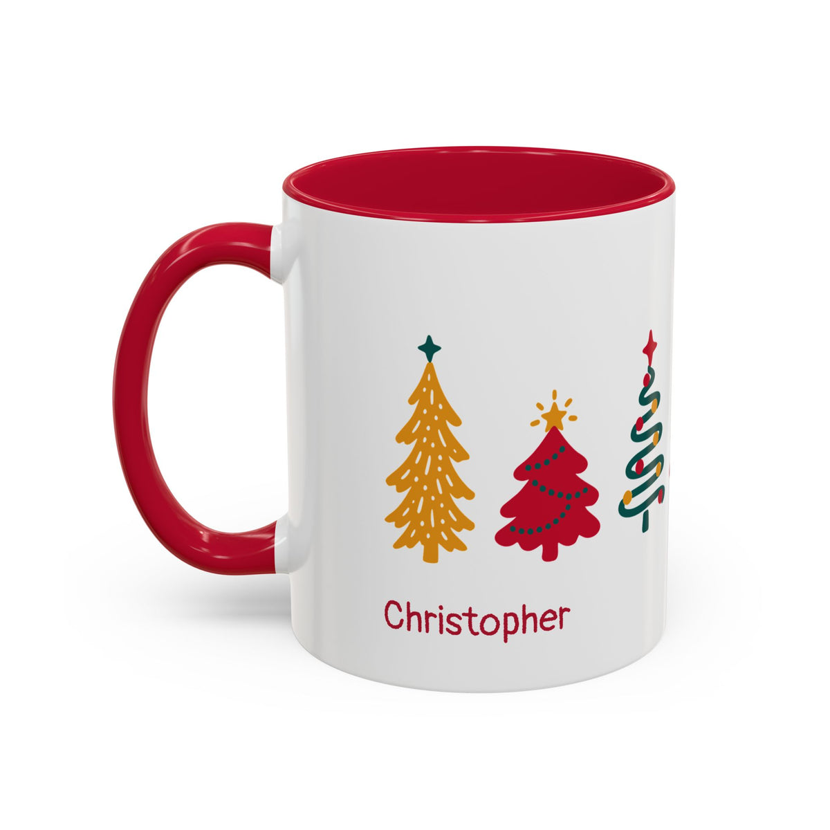 A white ceramic 11oz mug with a red interior and red handle, decorated with seven colorful Christmas tree illustrations around the mug and the name 'Christopher' in red script near the bottom. Left handle view.