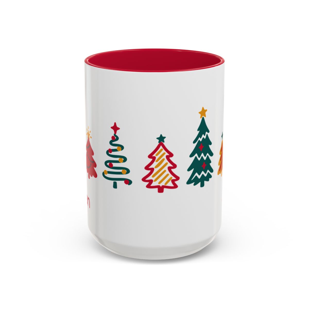 A white ceramic 15oz mug with a red interior and red handle, decorated with seven colorful Christmas tree illustrations around the mug. Handle not visible.