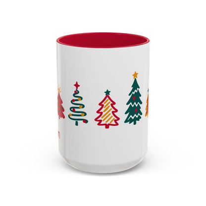 A white ceramic 15oz mug with a red interior and red handle, decorated with seven colorful Christmas tree illustrations around the mug. Handle not visible.
