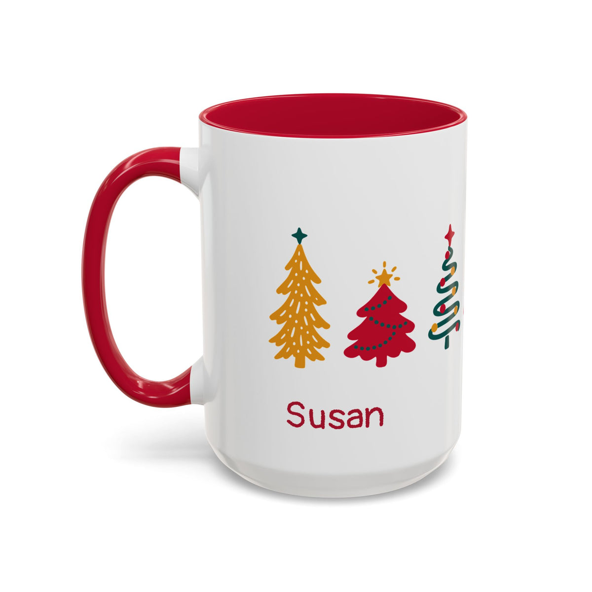 A white ceramic 15oz mug with a red interior and red handle, decorated with seven colorful Christmas tree illustrations around the mug and the name 'Susan' in red script near the bottom. Left handle view.