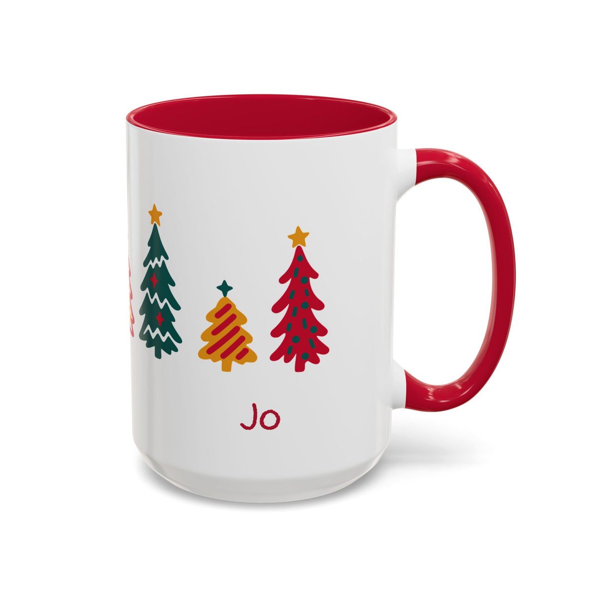 A white ceramic 15oz mug with a red interior and red handle, decorated with seven colorful Christmas tree illustrations  around the mug and the name 'Jo' in red script near the bottom. Right handle view.