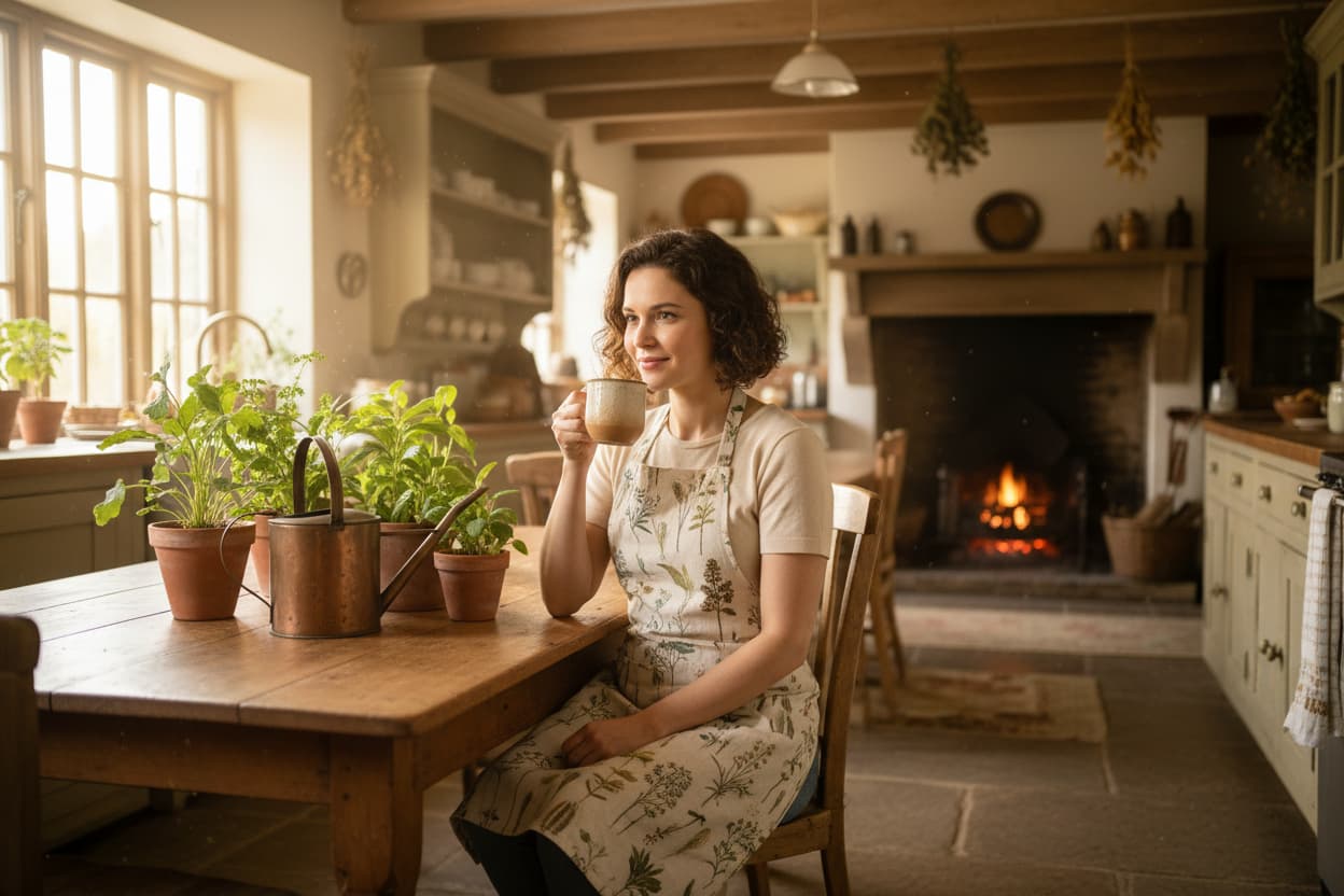 Cottagecore keuken met vrouw en planten