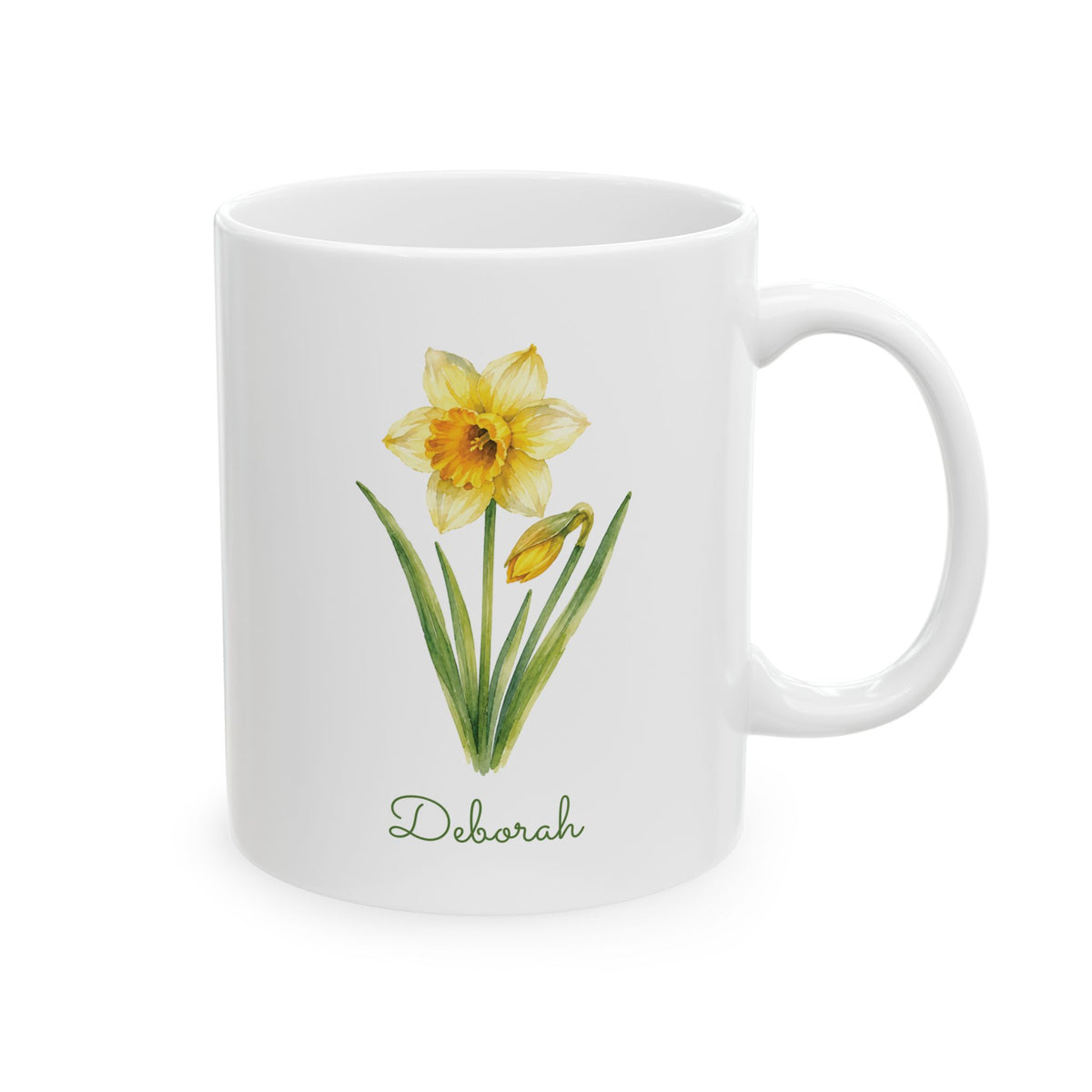 Daffodil birth flower personalized ceramic mug, 11oz, right side view.
