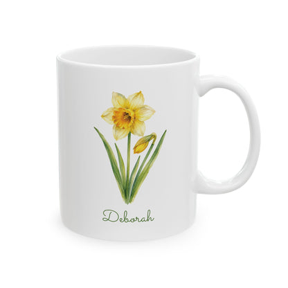 Daffodil birth flower personalized ceramic mug, 11oz, right side view.