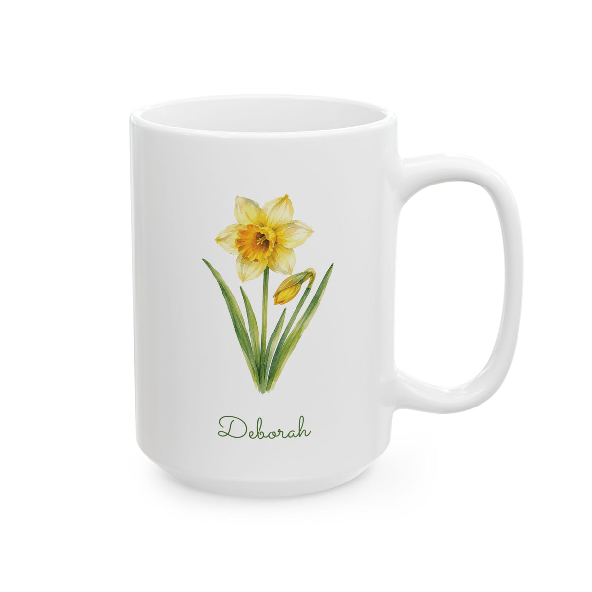 Daffodil birth flower personalized ceramic mug, 15oz, right side view.