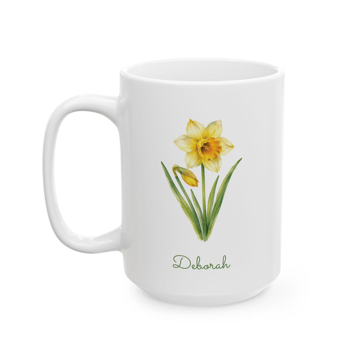 Daffodil birth flower personalized ceramic mug, 15oz, left side view.