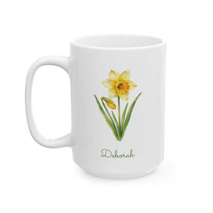 Daffodil birth flower personalized ceramic mug, 15oz, left side view.
