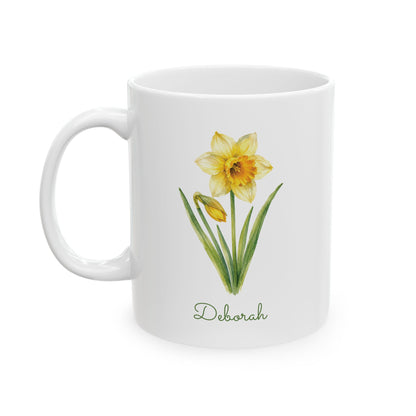 Daffodil birth flower personalized ceramic mug, 11oz left side handle view.