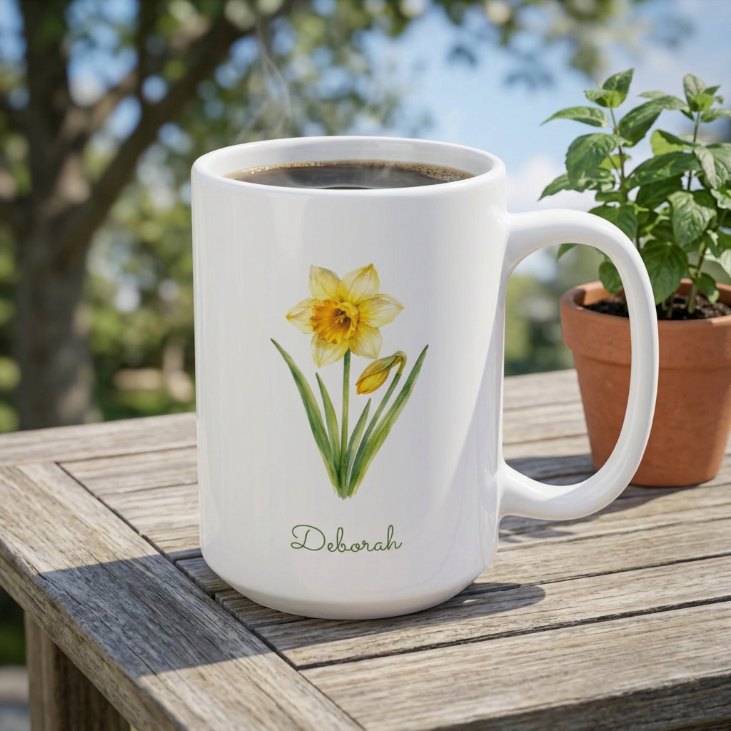 Daffodil birth flower personalized ceramic mug, styled in a lifestyle garden setting.