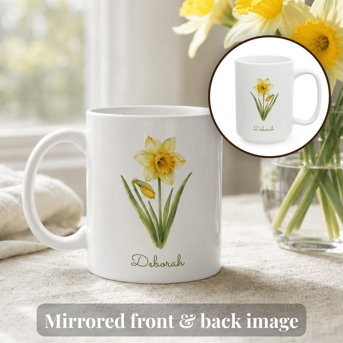 Daffodil birth flower personalized ceramic mug. Circular inset shows the other side of the mug with mirrored flower image.