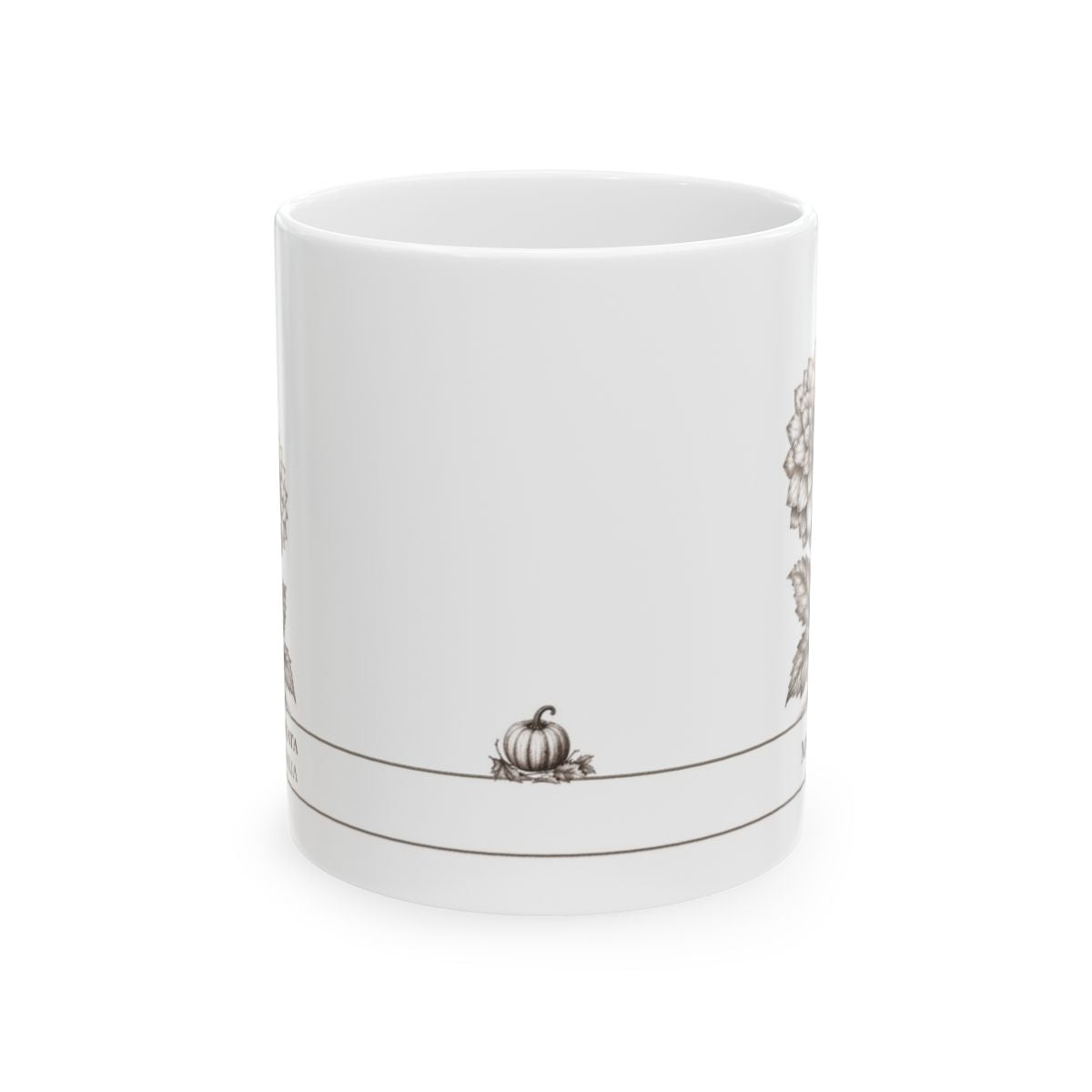 A white ceramic mug featuring a delicate brown line-art design of a small pumpkin and floral motifs near the base, shown on a clean white background.