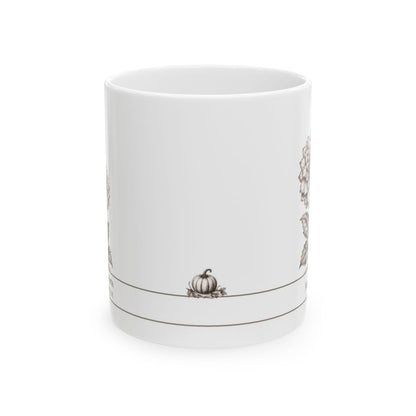 A white ceramic mug featuring a delicate brown line-art design of a small pumpkin and floral motifs near the base, shown on a clean white background.