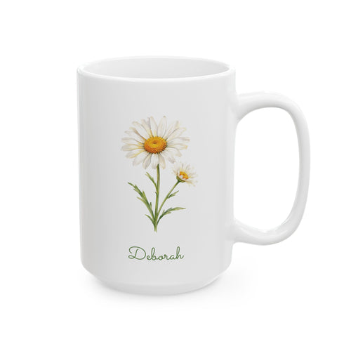 Daisy birth flower personalized ceramic mug, 15oz, right side view.