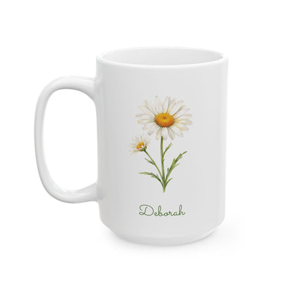 Daisy birth flower personalized ceramic mug, 15oz left side view
