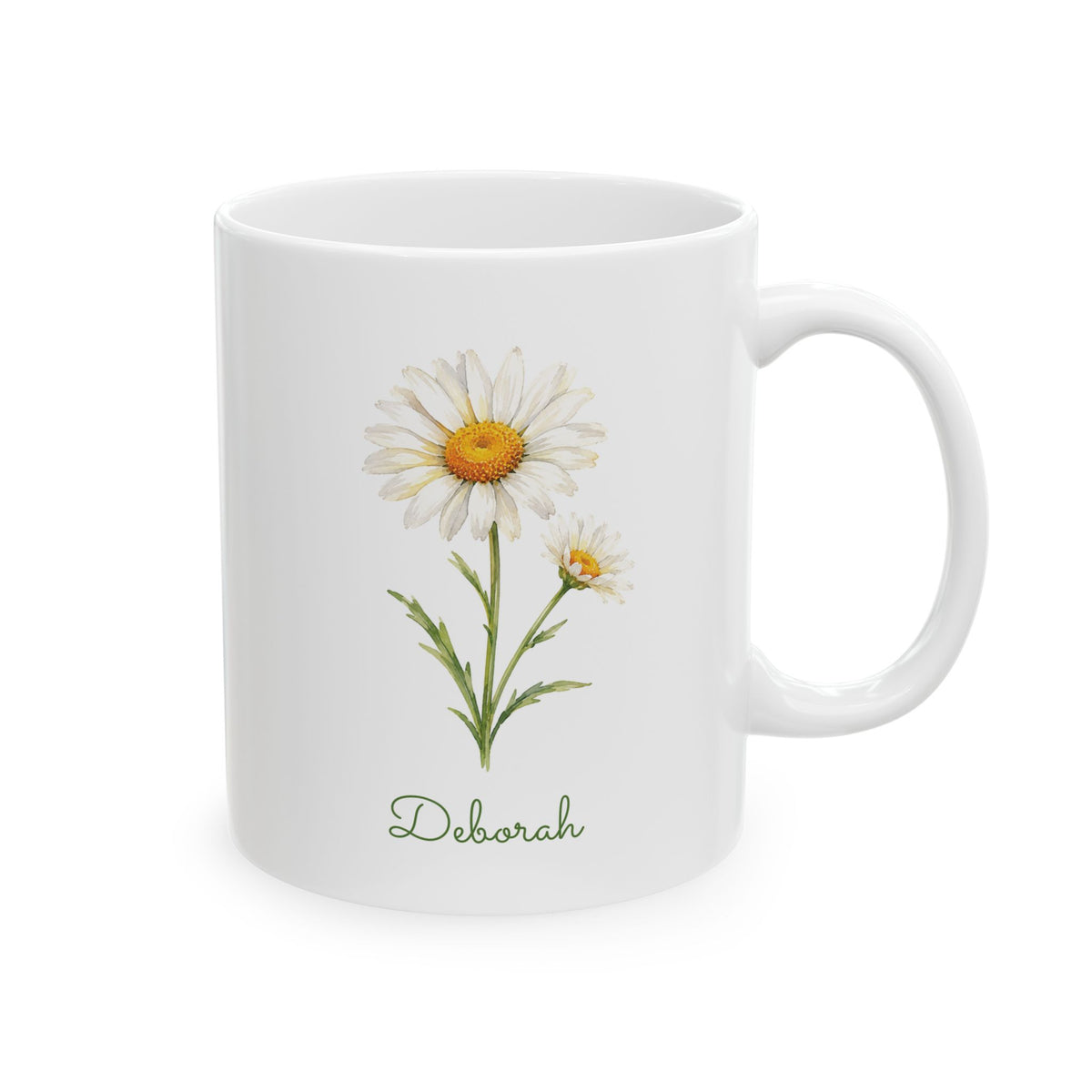 Daisy birth flower personalized ceramic mug, 11oz, right side view