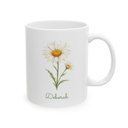 Daisy birth flower personalized ceramic mug, 11oz, right side view