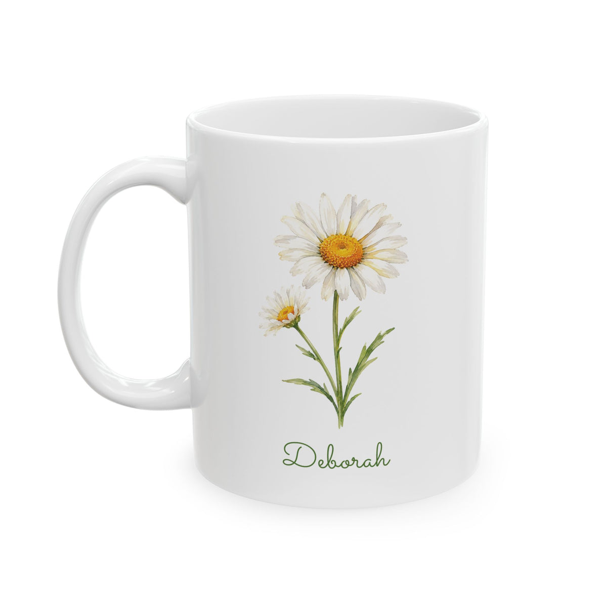 Daisy birth flower personalized ceramic mug, 11oz, left side view.