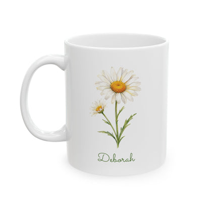 Daisy birth flower personalized ceramic mug, 11oz, left side view.