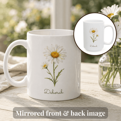 Daisy birth flower personalized ceramic mug. Circular inset shows the other side of the mug with mirrored flower image.