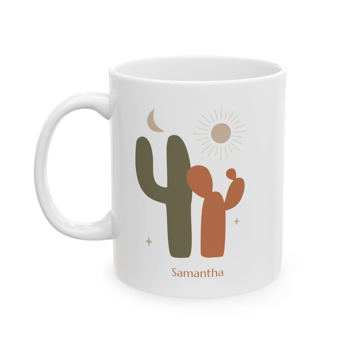 A white ceramic 11oz mug with a desert-themed cactus and sun graphic, featuring the name 'Samantha' printed below in a warm brown font, set against a plain white background, left handle view.