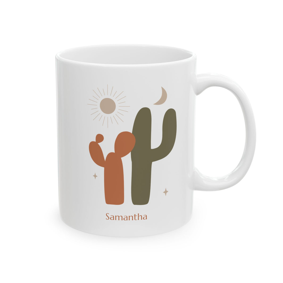 A white ceramic 11oz mug with a desert-themed cactus and sun graphic, featuring the name 'Samantha' printed below in a warm brown font, set against a plain white background, right handle view.
