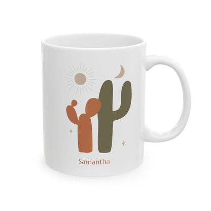 A white ceramic 11oz mug with a desert-themed cactus and sun graphic, featuring the name 'Samantha' printed below in a warm brown font, set against a plain white background, right handle view.