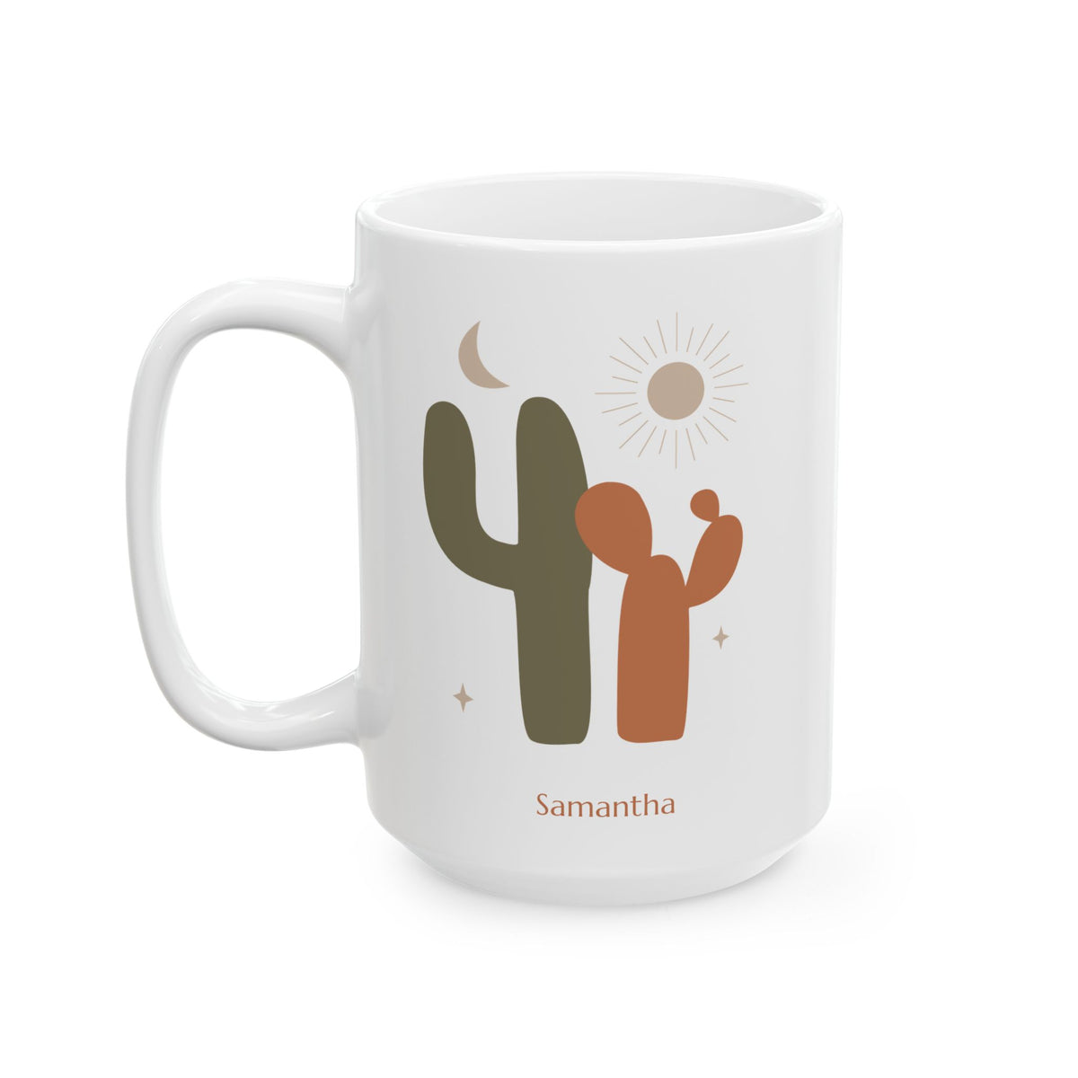 A white ceramic mug featuring a minimalist desert illustration with a green and dark orange cactus, a sun, a crescent moon, and the name 'Samantha' printed below in orange.