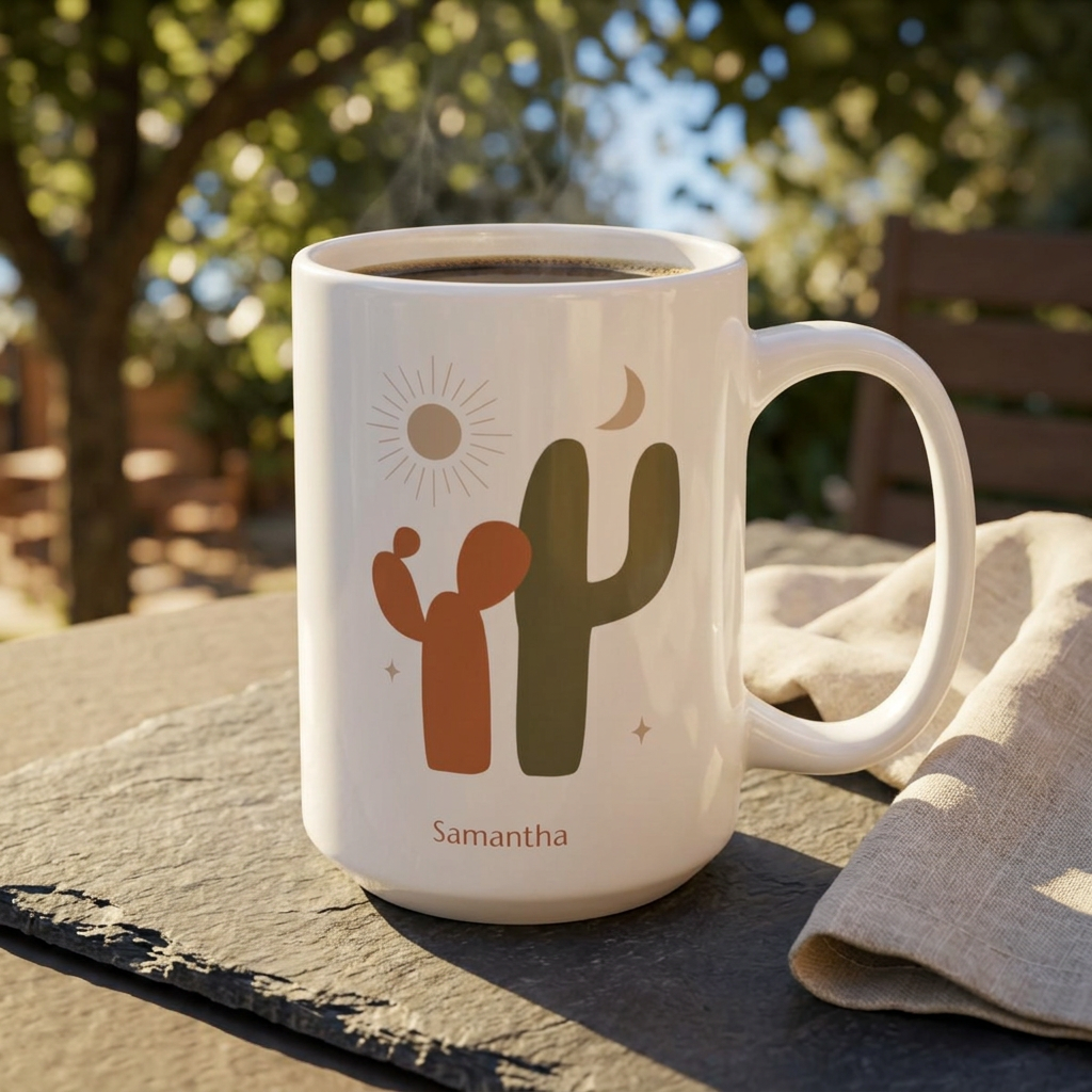 A white ceramic 15oz coffee mug with a desert-themed graphic featuring a green and dark orange cactus, sun, moon, and the name 'Samantha', set on a stone surface outdoors with a linen napkin and blurred trees in the background.