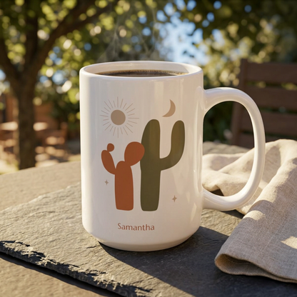 A white ceramic 15oz coffee mug with a desert-themed graphic featuring a green and dark orange cactus, sun, moon, and the name 'Samantha', set on a stone surface outdoors with a linen napkin and blurred trees in the background.