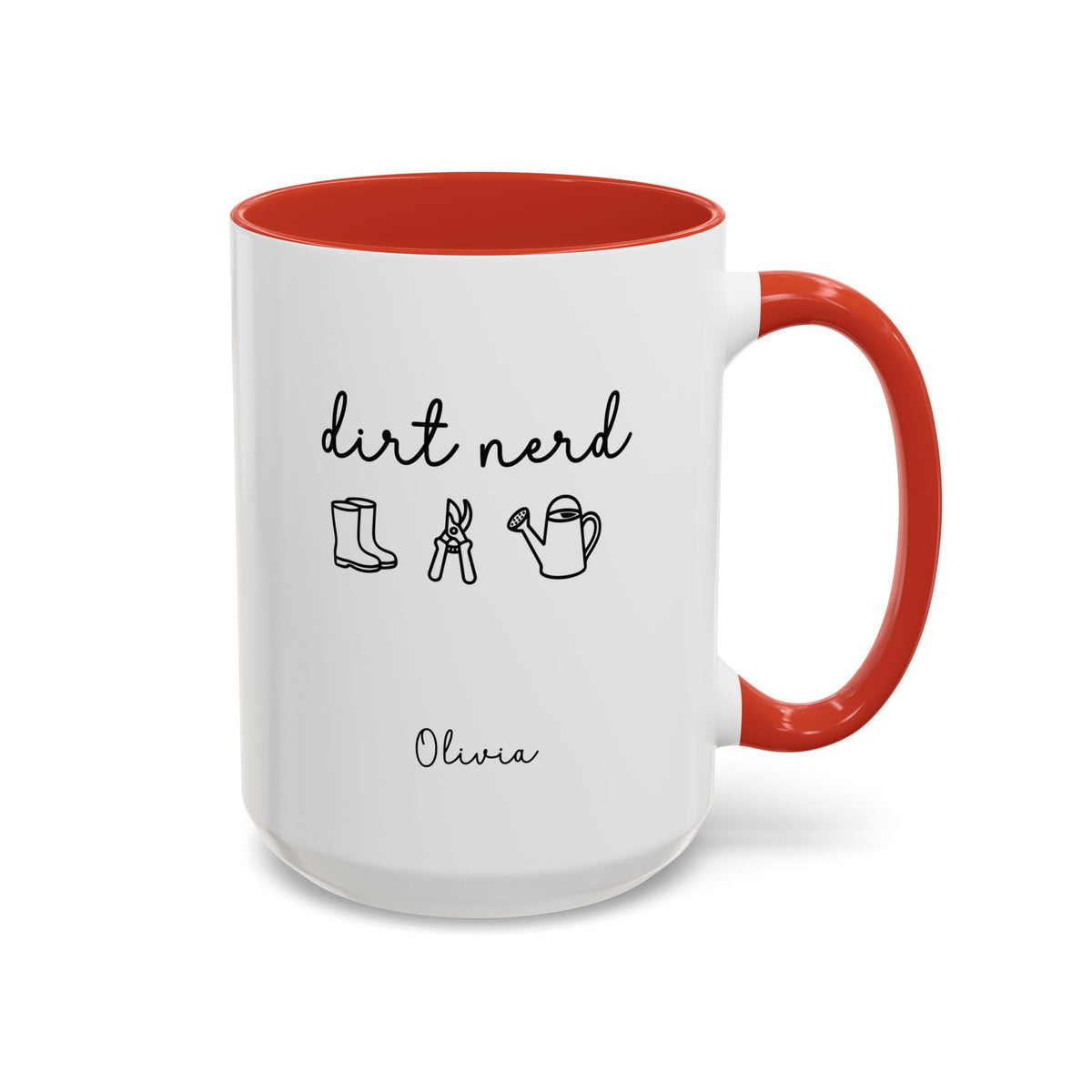 Purple accent mug with "dirt nerd" quote, illustrated with rain boots, pruners and a watering can, and personalized name below, 15oz right side view.