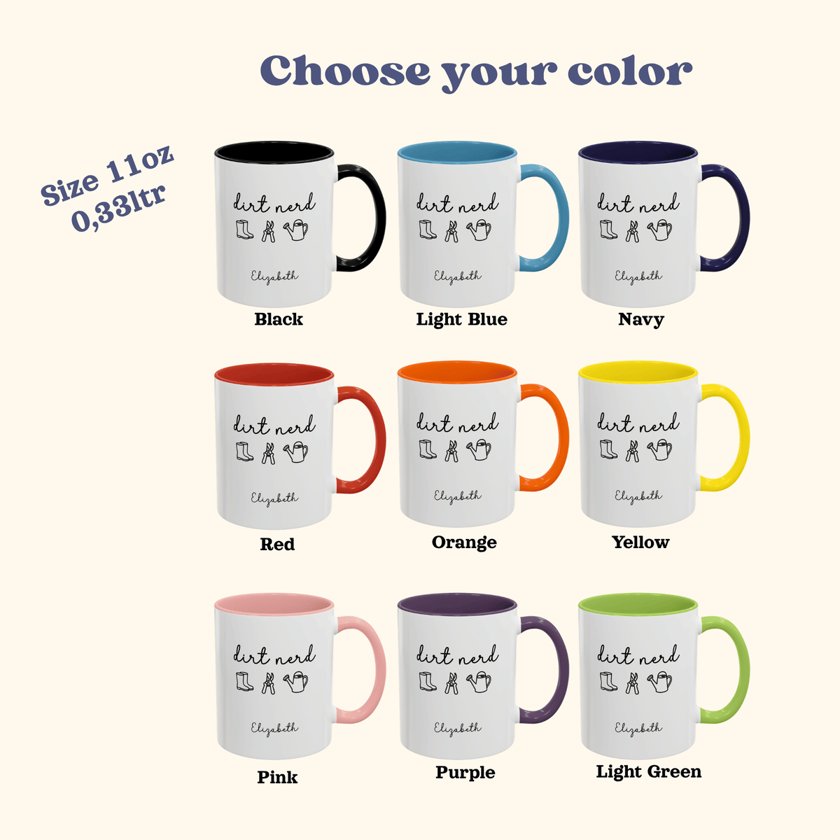 A color selection chart showing nine ceramic mugs labeled with available colors: Black, Light Blue, Navy, Red, Orange, Yellow, Pink, Purple, and Light Green. The mugs are arranged in a grid on a light cream background with the heading 'Choose your color' and a note reading 'Size 11oz/0,33ltr'.