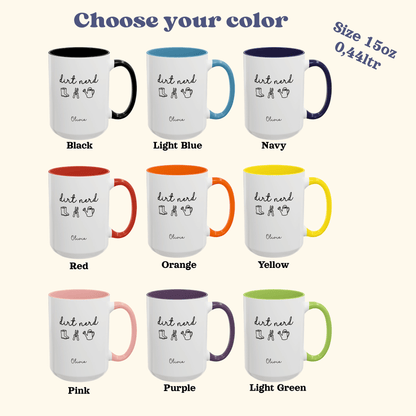 A color selection chart showing nine ceramic mugs labeled with available colors: Black, Light Blue, Navy, Red, Orange, Yellow, Pink, Purple, and Light Green. The mugs are arranged in a grid on a light cream background with the heading 'Choose your color' and a note reading 'Size 15oz/0,44ltr'.