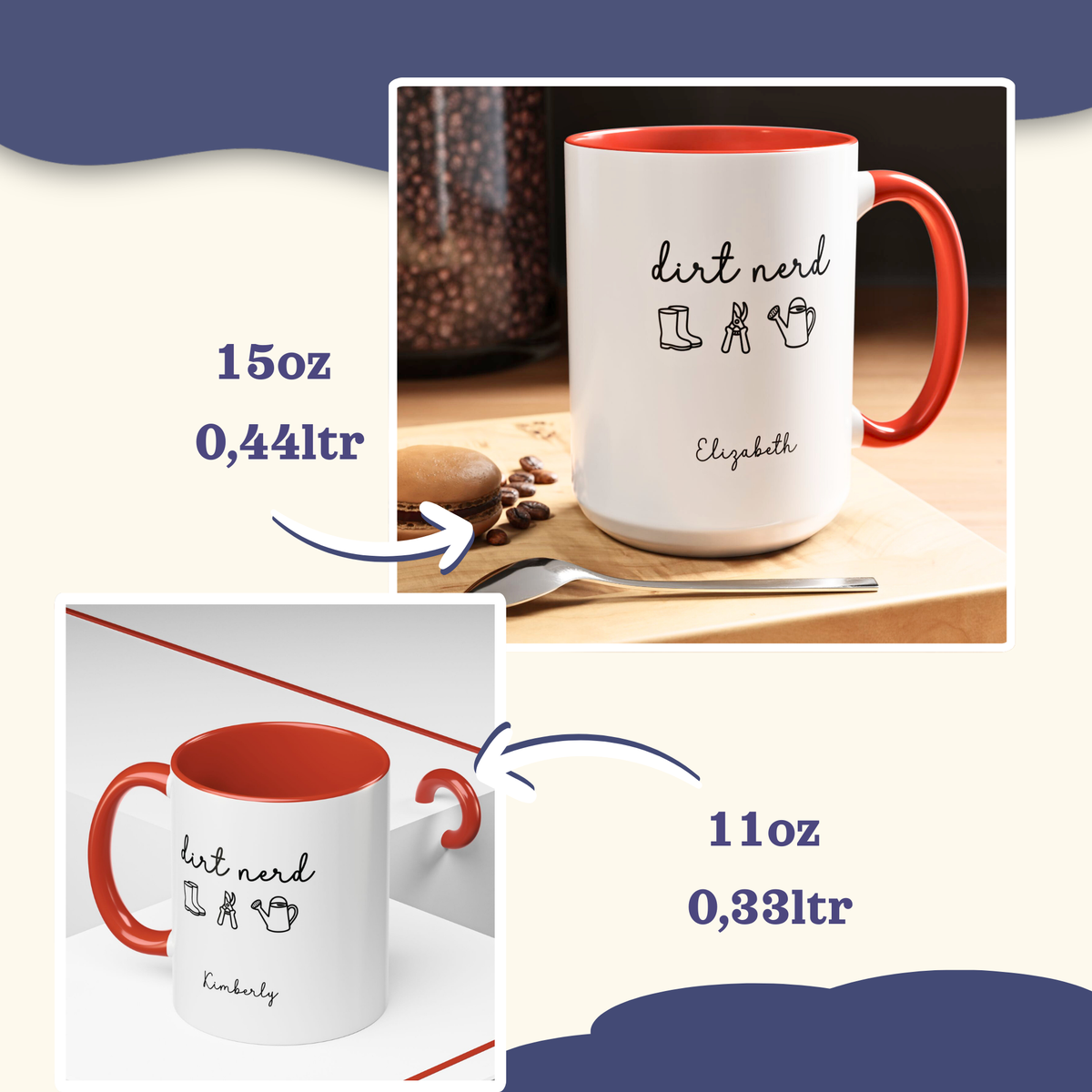 Dirt Nerd mug in 11oz and 15oz sizes with black handle, personalized name 'Elizabeth'.