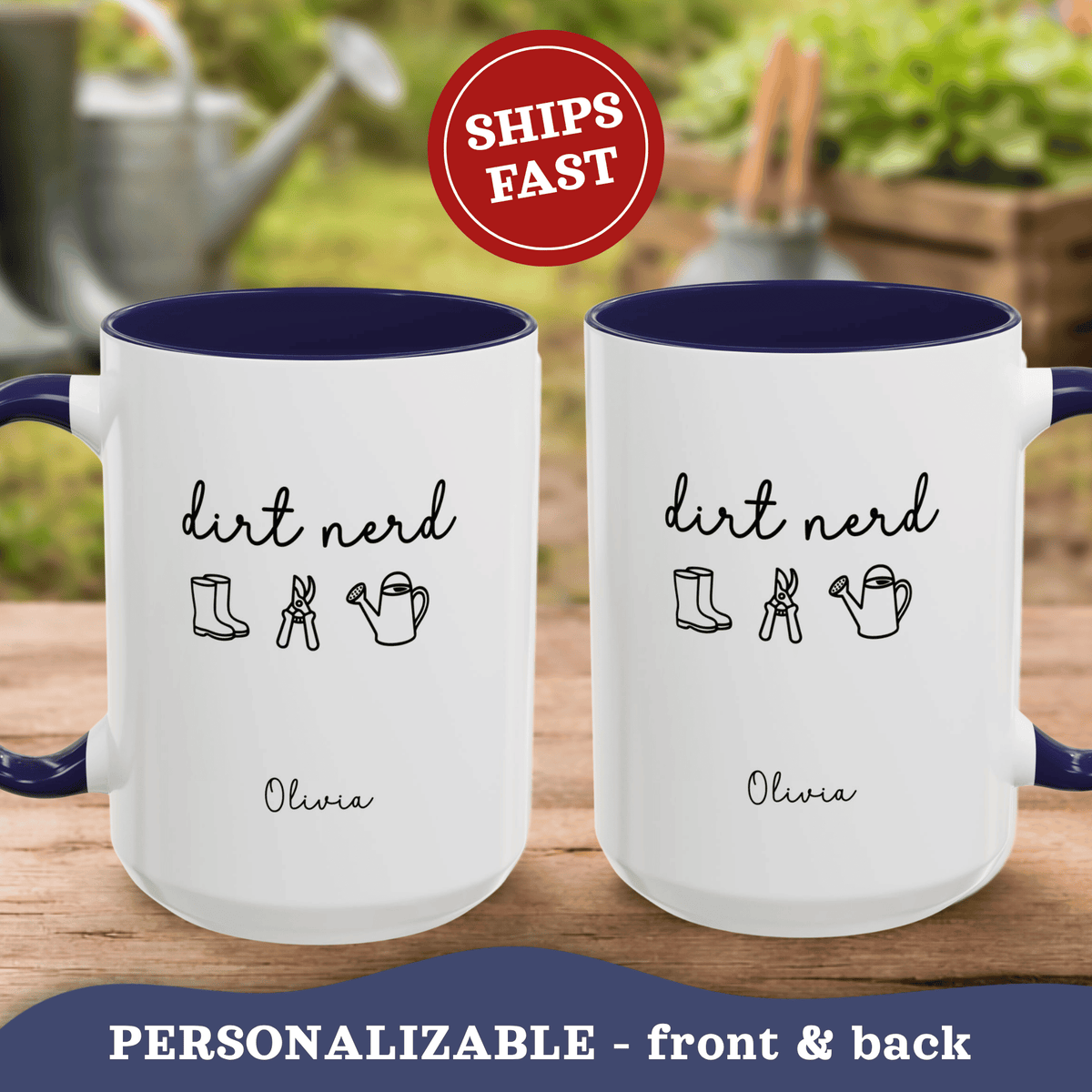 Two 15oz personalized Dirt Nerd accent mugs with navy interiors on a wooden surface, showing similar back and front design, both personalized with names 'Olivia'.