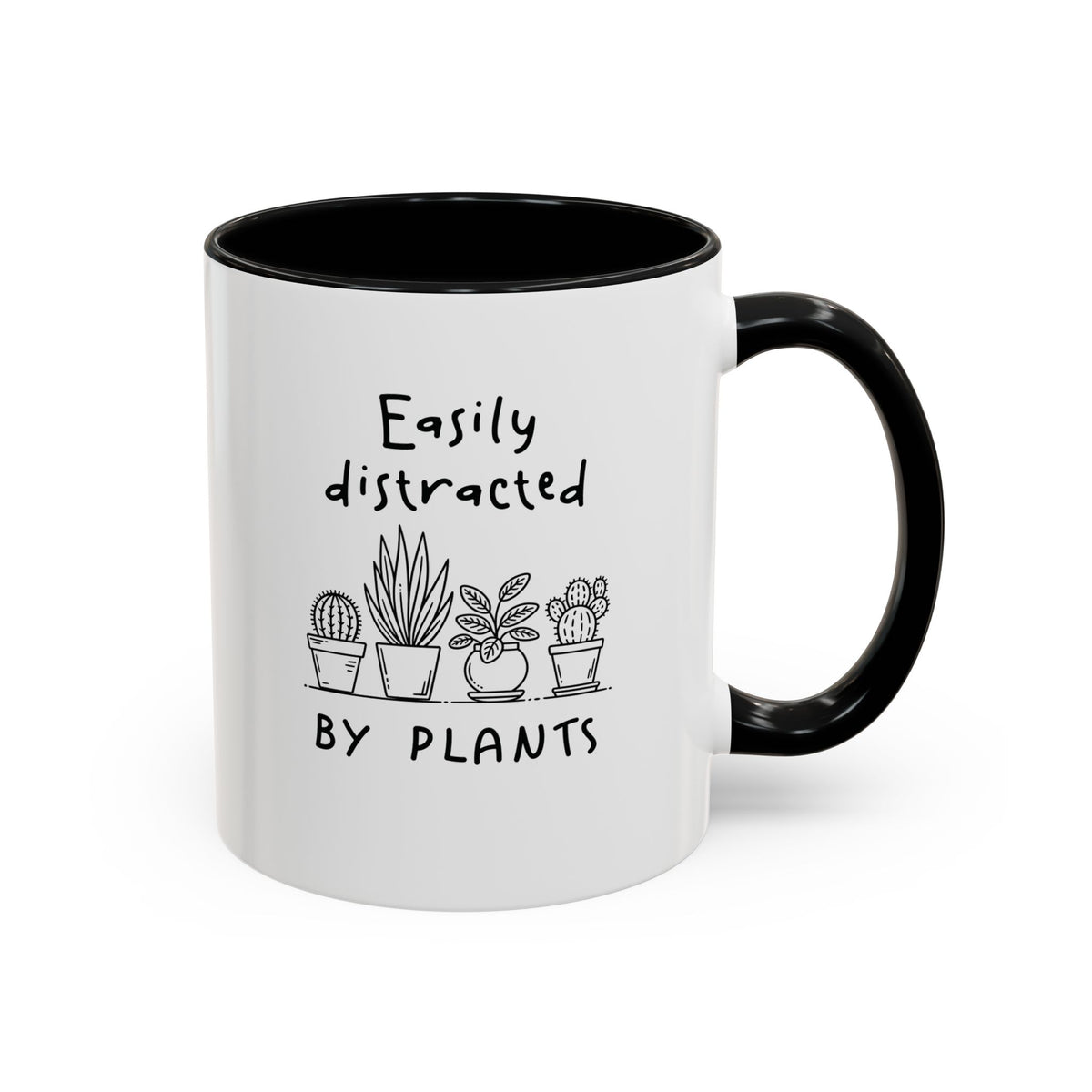 White accent mug with black handle, cacti and succulent graphic, 'easily distracted by plants' quote, 11oz.